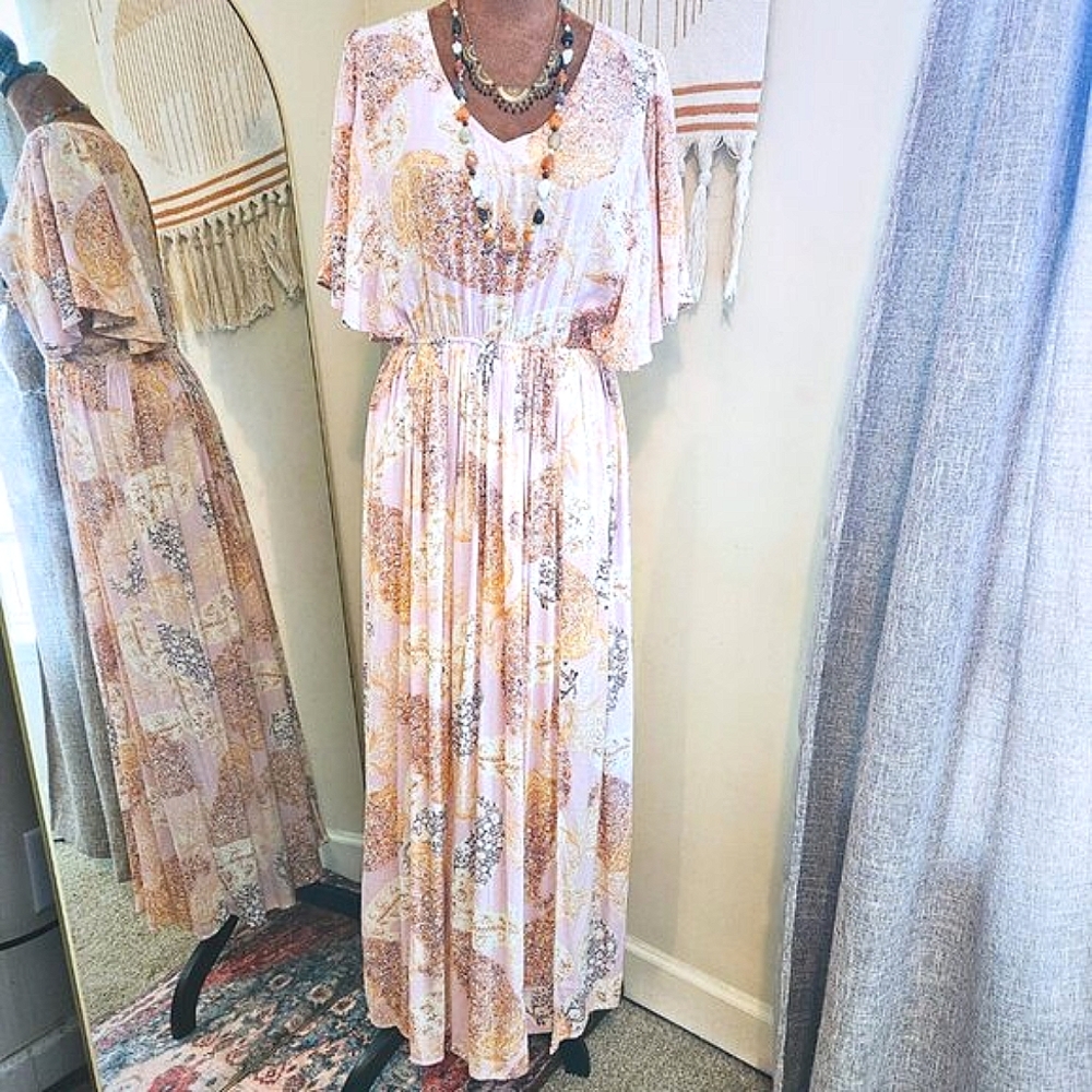 Gigio USA Mauve Paisley Print Dress Flutter Sleeves | Boho & Fairycore | Size S
